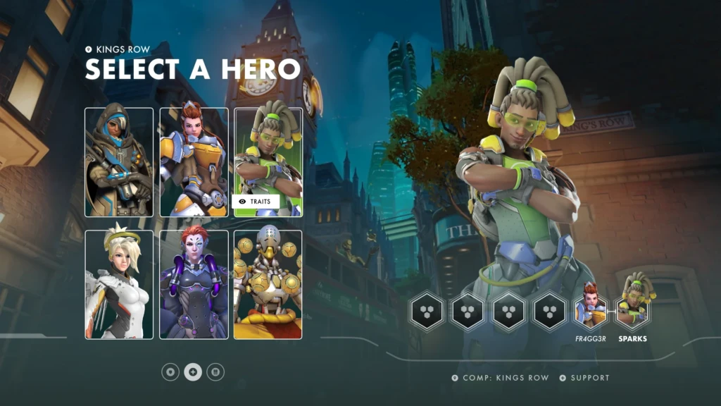 Pantalla de selección de personajes de un juego de disparos de héroes