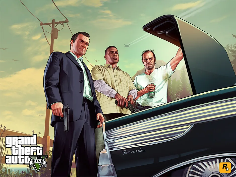 GTA V official artwork — the three protagonists (Michael, Trevor, Franklin)